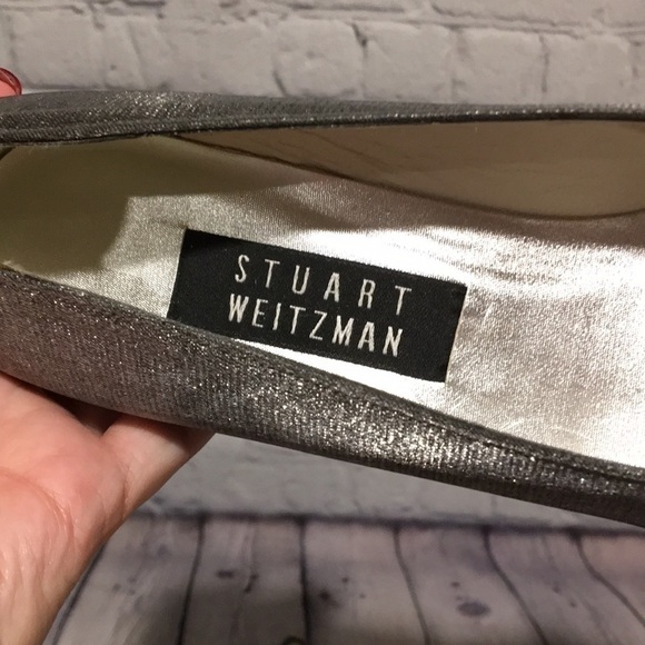 Stuart Weitzman 9N silver sparkle fabric covered leather sole heels - Picture 2 of 10